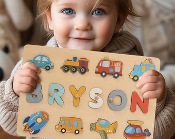 Transportation Personalized Busy Board Puzzles for Learning and Play,Custom Wooden Baby Name Puzzle,Montessori Toddler Toys,Baby Boy Gifts