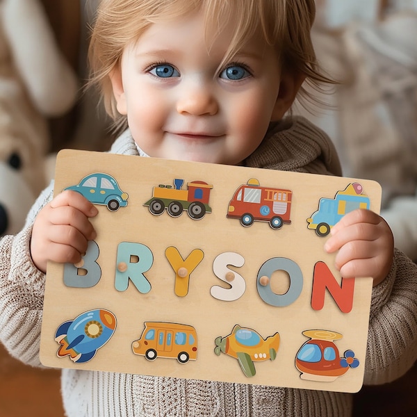 Transportation Personalized Busy Board Puzzles for Learning and Play,Custom Wooden Baby Name Puzzle,Montessori Toddler Toys,Baby Boy Gifts