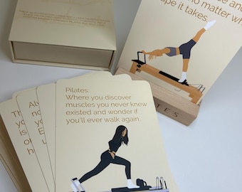 Pilates Affirmation Cards, Unique Affirmations, Pilates lovers, Pilates cards, Pilates art, Reformer Pilates illustrations. Self love.