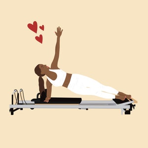 May include: A woman in a white sports bra and trousers is performing a side plank on a reformer pilates machine. Her right arm is raised in the air and she is looking upwards. Three red hearts are floating above her head.