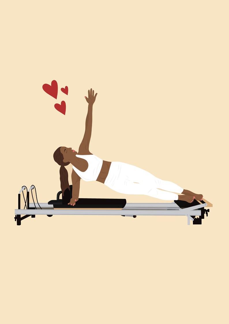 May include: A woman in a white sports bra and trousers is performing a side plank on a reformer pilates machine. Her right arm is raised in the air and she is looking upwards. Three red hearts are floating above her head.