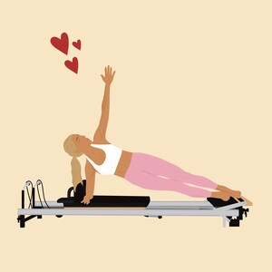 May include: A woman in a white tank top and pink leggings performs a side plank exercise on a reformer pilates machine.  She has her right arm raised above her head and her left arm is resting on the machine.  There are three red hearts floating above her head.
