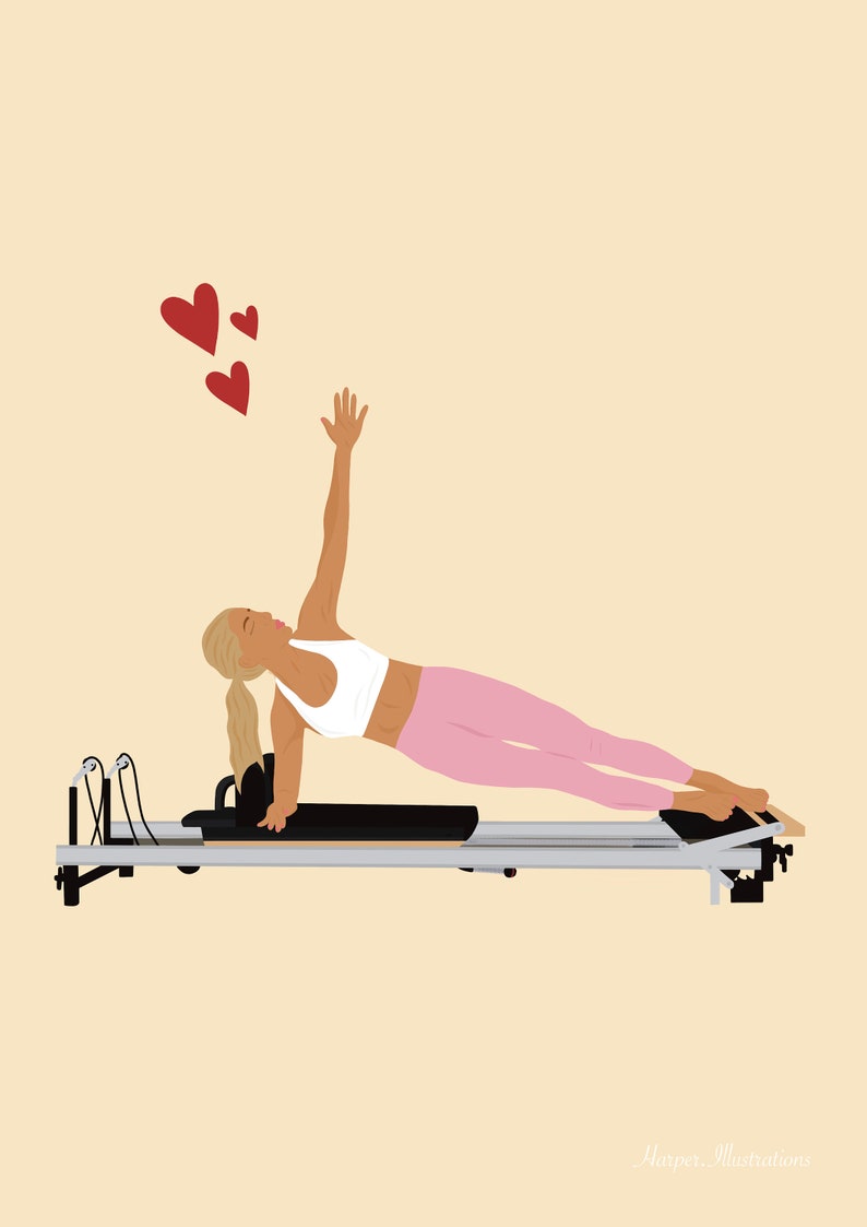 May include: A woman in a white tank top and pink leggings performs a side plank exercise on a reformer pilates machine.  She has her right arm raised above her head and her left arm is resting on the machine.  There are three red hearts floating above her head.