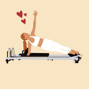 May include: A woman in a white sports bra and leggings performs a side plank exercise on a Pilates reformer. She has her right arm raised in the air and is looking up. There are three red hearts above her head.