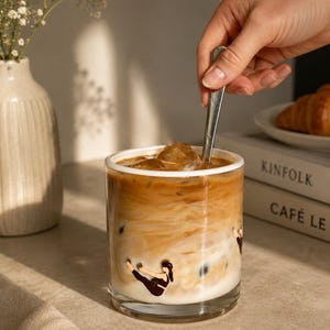 Könnte beinhalten: Ein klares Glas gefüllt mit Eiskaffee und Milch, das auf der Außenfläche kleine bemalte Figuren von Menschen in Yogaposen zeigt. Das Glas hat einen weißen Rand und enthält einen silbernen Metalllöffel zum Umrühren des Inhalts.