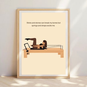 Pilates Sticks and Stones, wenskaart, hervormer pose, grappige print, pilatesmeisje. Pilates kunst aan de muur. Pilates-cadeau. Hervormde print