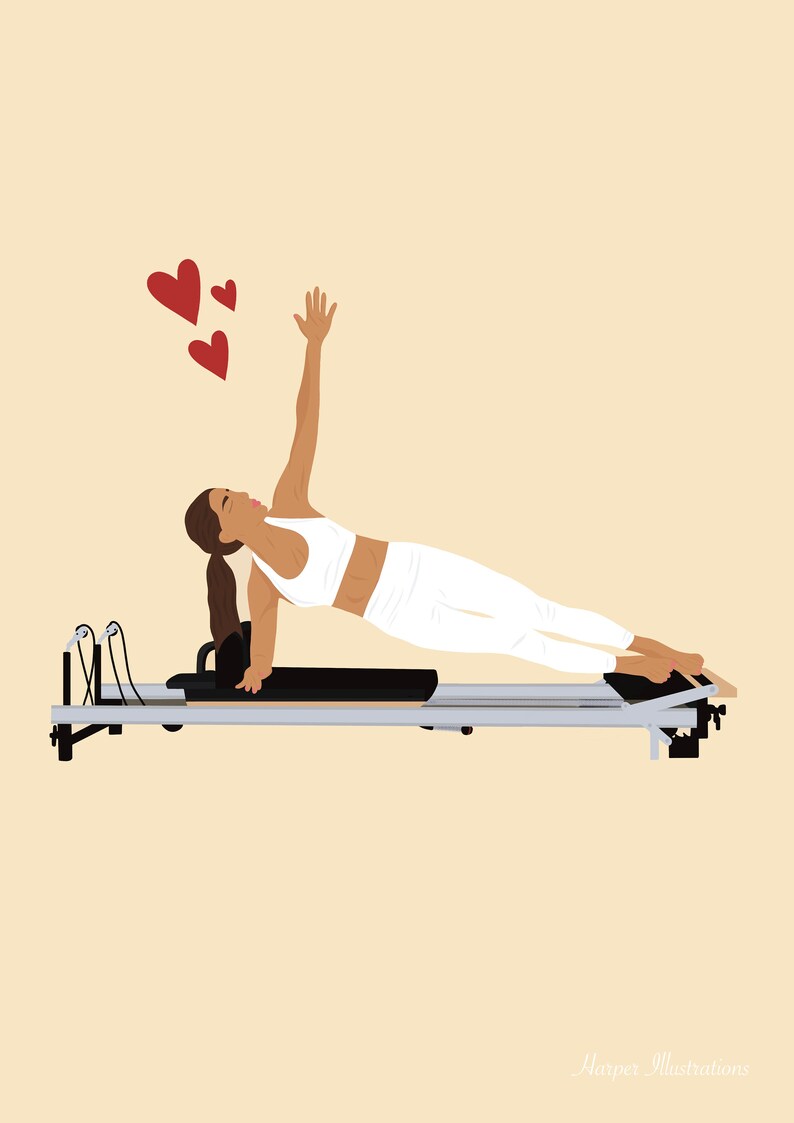 May include: A woman wearing a white sports bra and trousers is performing a side plank on a reformer pilates machine. Her right arm is raised in the air and she is looking upwards. Three red hearts are floating above her head.