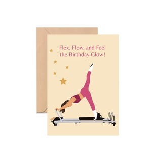 Tarjeta de Pilates de Feliz Cumpleaños, Postura de Pilates, Lámina personalizable, Chica Pilates. Decoración de pared de barra. Regalo de Reformer. Tarjeta de celebración de Pilates.