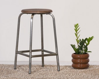 Tabouret de bar de cuisine industriel vintage en métal et fer, bois, manguier, siège rond 69 cm