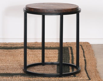 Vintage Industrial Loft Round Black Occasional Side Table With Mango Wooden Top