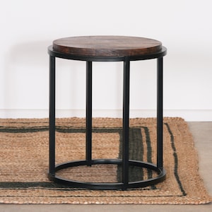 Vintage Industrial Loft Round Black Occasional Side Table With Mango Wooden Top