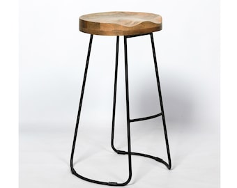 Vintage Mango Wooden Top Kitchen Bar Black Iron Metal Stool Industrial Tractor Seat