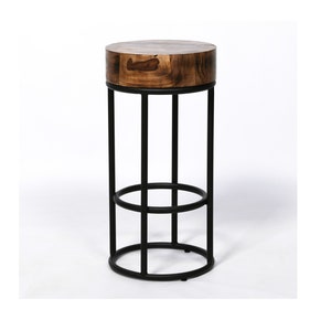 68cm Industrial Metal Black Bar Stool Chunky Round Wooden Top Kitchen Side Table