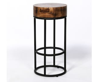 Tabouret de bar noir en métal industriel de 68 cm Table d'appoint de cuisine ronde en bois