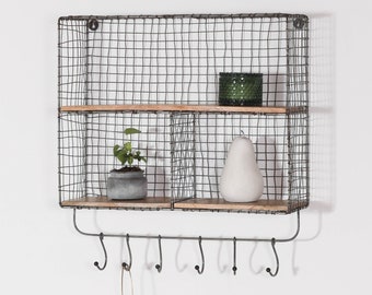 Rustic Loft Iron Metal Wire Large Multi Compartment Wall Mounted Wooden Shelf With Hooks Kitchen Storage