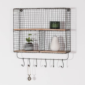 Rustic Loft Iron Metal Wire Large Multi Compartment Wall Mounted Wooden  Shelf With Hooks Kitchen Storage 