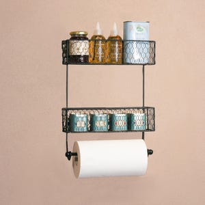 Black Metal Mesh Wall Mounted Spice Rack With Kitchen Roll Holder