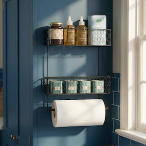 Black Metal Mesh Wall Mounted Spice Rack With Kitchen Roll Holder