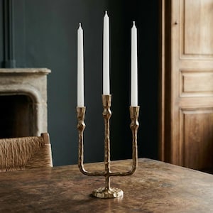 Portacandele rustico in metallo, candelabro a 3 bracci in metallo placcato in ottone, decorazione per matrimoni immagine 1