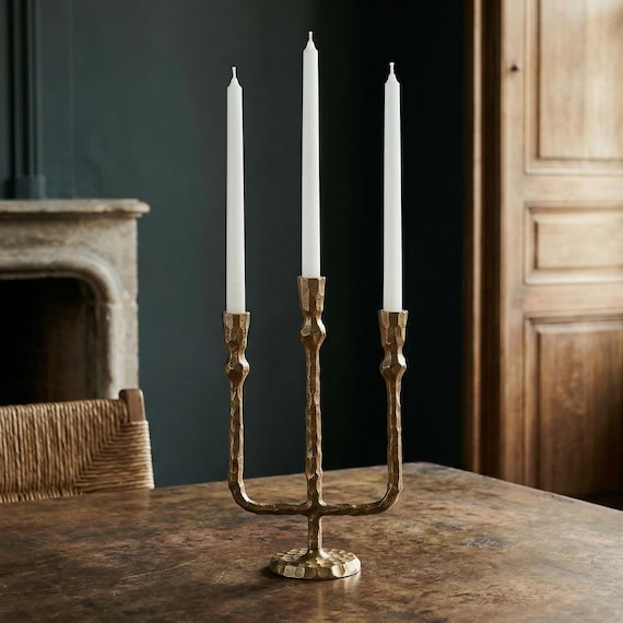 Rustic Metal Candle Holder Brass Plated Metal 3 Arm Candelabra Wedding Decor