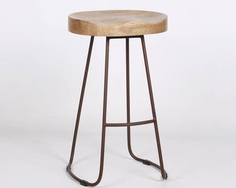 Vintage Rustic Iron Wooden Top Kitchen Bar Stool Metal Industrial Tractor Seat