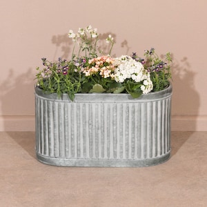 Vintage Rustic Style Galvanised Metal Tin Ribbed Planter