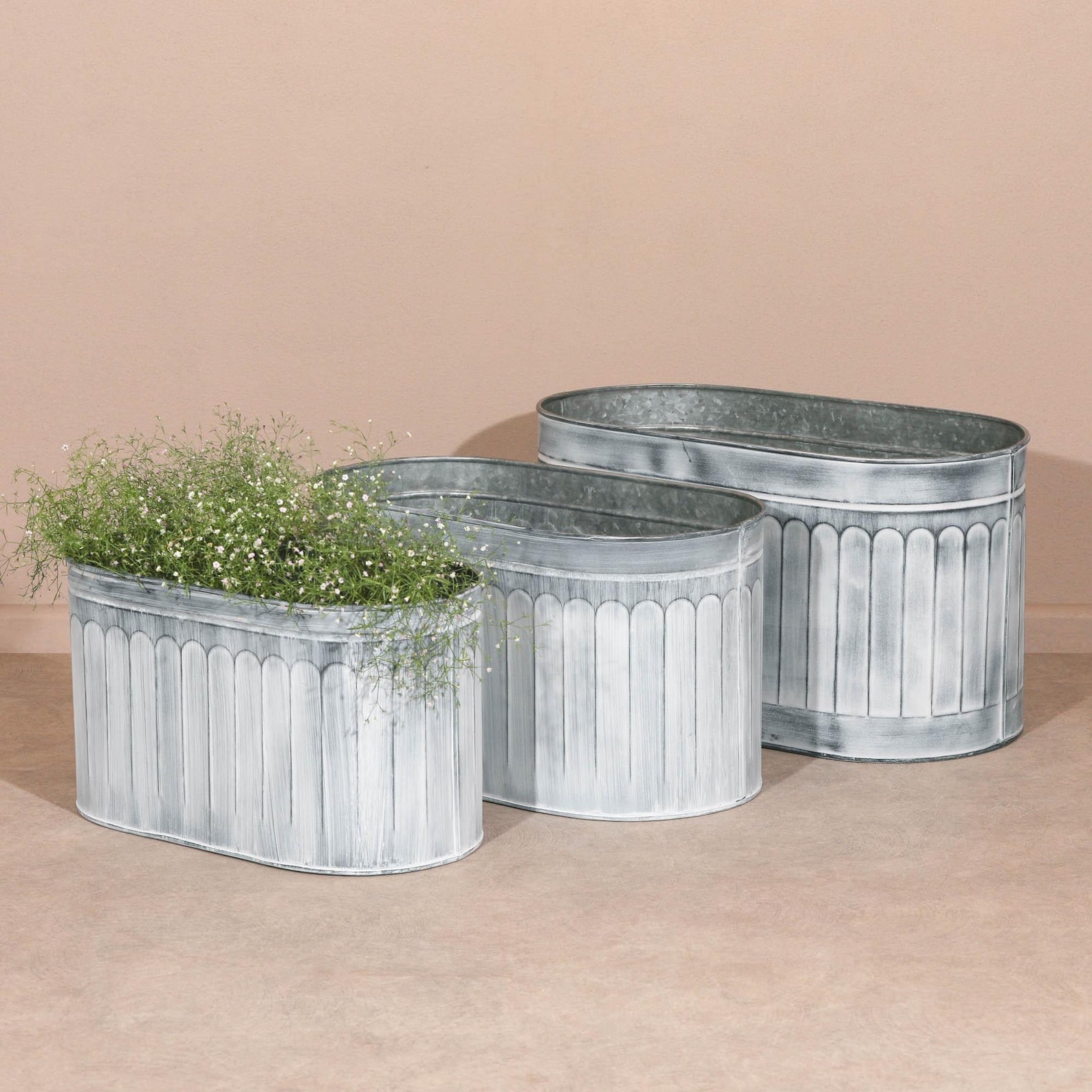 Tin Pot Vintage Rustic Style Galvanised Metal Tin Arched Pattern Outdoor ...