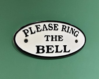 Vintage Victorian English Style Black White PLEASE RING The BELL Door Sign - Cast Metal Plaque