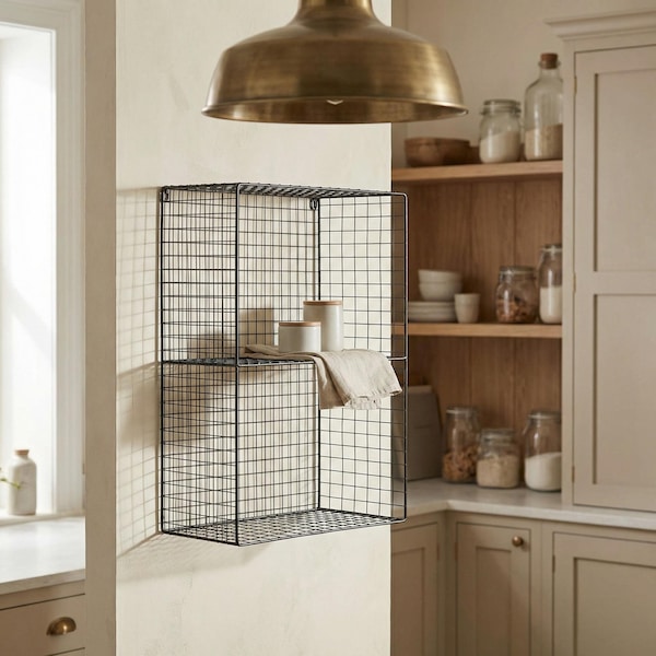 Industrieller Metalldraht 2 - 3-Tier-Schwarz-Regalregal-Gestell-Weinlese-Korb-an der Wand befestigt