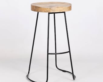 Vintage Mango Wooden Top Kitchen Bar Black Iron Metal Stool Industrial Tractor Seat