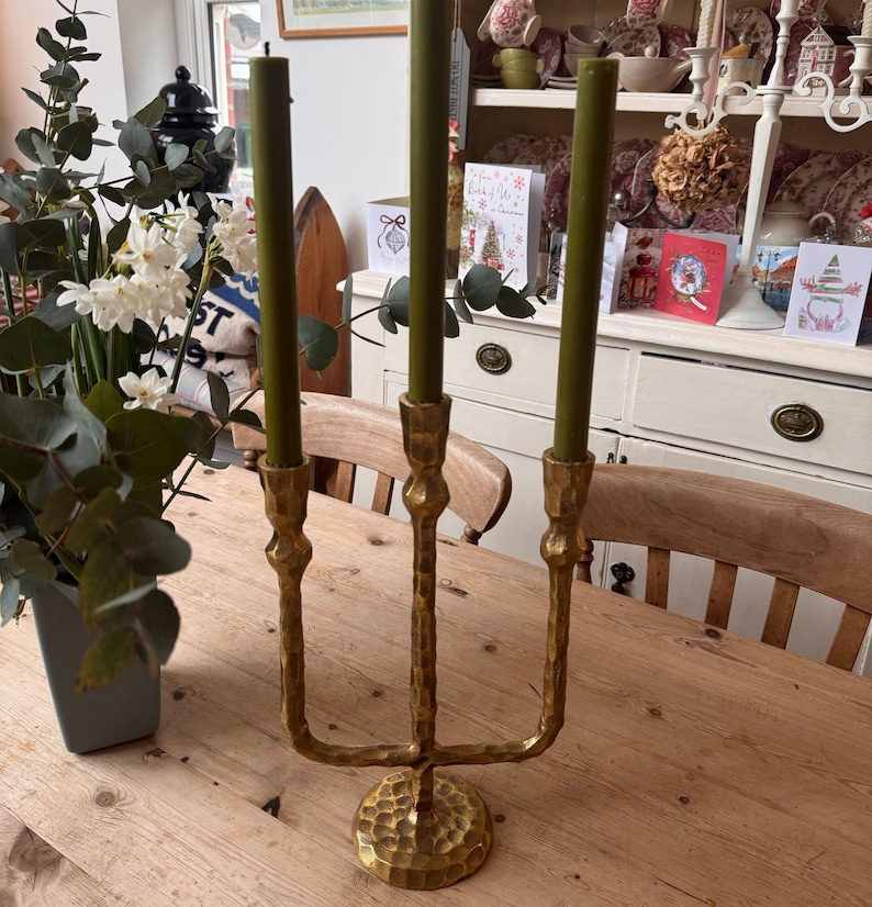 Portacandele rustico in metallo, candelabro a 3 bracci in metallo placcato in ottone, decorazione per matrimoni immagine 2