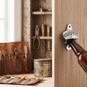 Può includere: Un apribottiglie argentato montato su una superficie di legno, con la scritta "OPEN HERE". Si sta aprendo una bottiglia di vetro marrone. Lo sfondo presenta un mobile in legno rustico con attrezzi.