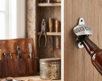 Vintage Retro Open Here Wall Mounted Bottle Opener Available in Rustic and Silver Finish