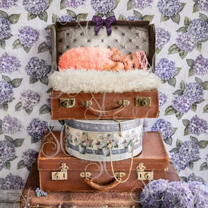 Newborn digital background, suitcases and hydrangeas, purple flowers, digital backdrop, baby composite