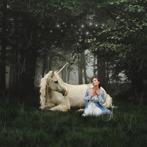 Unicorn forest background, digital composite with overlays