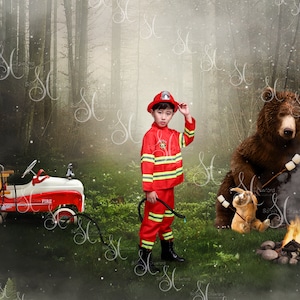 Firefighter in the forest digital composite background with hose overlay