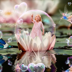 Fairy background with waterlily and bubbles