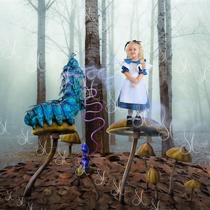 Alice in Wonderland Caterpillar digital background composite with smoke overlay for easy editing