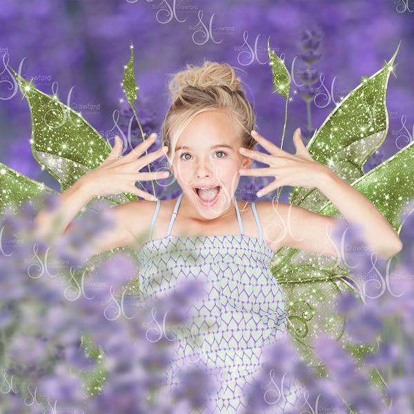 Lavender digital composite background with fairy wings and flower overlays for easy editing