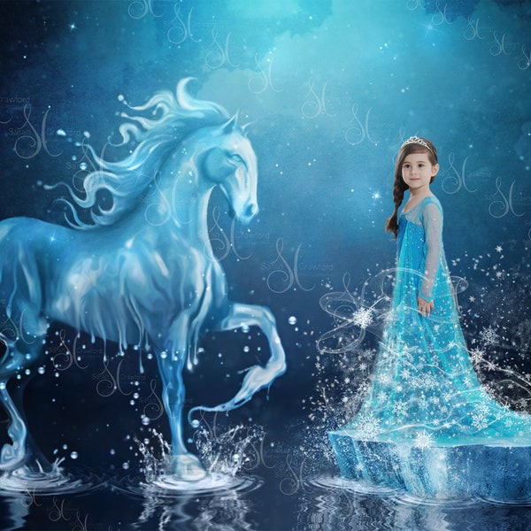 Water horse and ice digital composite background with snow flurry overlay for easy editing