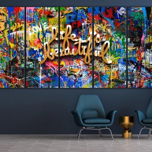 Life Is Beautiful by Mr. Brainwash Street Art Canvas Print Urban Graffiti Modern Living Room Wall Decor Framed Canvas