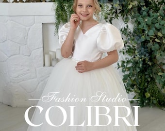 Ivory communion dress for girl Baptism tulle dress with puff sleeves Modest white dress for church ceremony Simple ivory flower dress