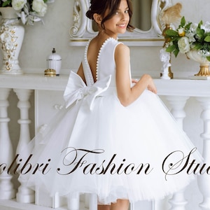 Flower girl dress Satin girl dress Communion dress  Tulle flower girl dresses Ivory flower girl dress Flower girl dress with train