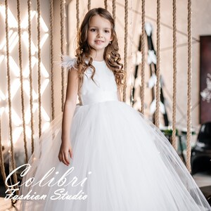 Flower girl dress, Tulle flower girl dress, First communion dress, Girl dress, Feathers Dress, Tulle dress