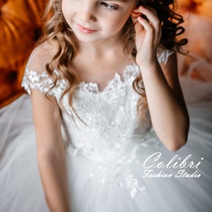 Ivory Flower Girl Dress, First Communion Dress, Tutu Flower Girl Dress, Lace Girl Dress, Tulle Girl Dress, White Flower Girl Dress