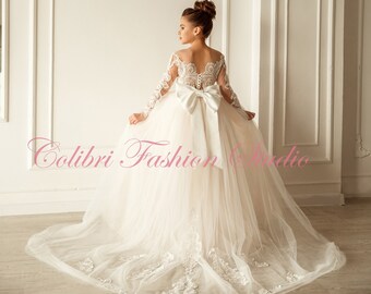 Abito Lungo In Pizzo E Tulle Per Bambina – Elegante Vestito Da Principessa Con Ricami, Perfetto Per Matrimoni E Comunioni - 4
