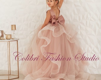 Flower girl dress Dusty rose flower girl dress Tulle flower girl dress tutu girl dress Satin girl dress Flower girl dress with train