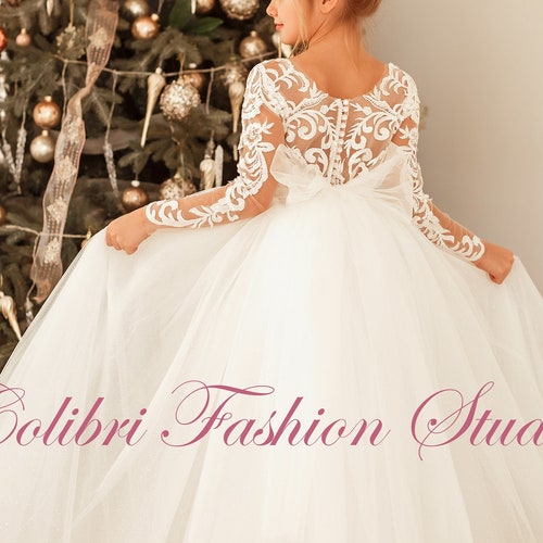 Floryme Lace Tulle Flower Girl Dress, First Communion & Wedding Gown