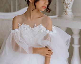 Tulle flower girl dress Ivory flower dress Communion baby girl lace dress Ball gown Boho flower girl dress with sleeves Baptism toddler gown