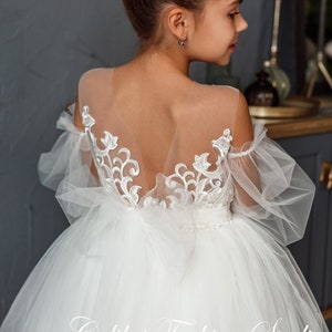 Tulle flower girl dress, First communion dress, Girl dress train, Lace flower dress, Blush flower girl dress, Tutu girl dress, Party dress